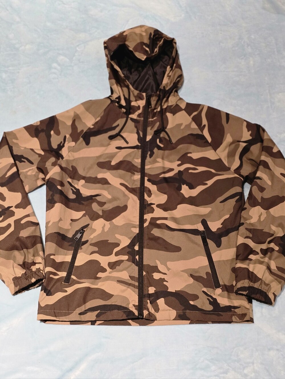 Sz L Men's Fall Camouflage Hooded Jacket - Brown Camo Zipper Pockets